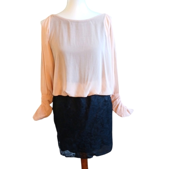 ZARA Bicolor Mini Dress Black Skirt and Blush Pink Sheer Blouse Outfit sz Medium - Picture 3 of 11